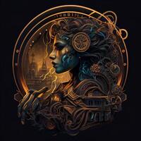 illustration of cyberpunk Zodiac sign with a industrial smoke, mechanic detail on shoulders, pollution, centered inside intricate gold and fire circle of city and Skyscrapers, steam punk photo