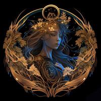 illustration of cyberpunk Zodiac sign with a forest growing on shoulders, galaxy, centered inside intricate gold circle of foliage photo