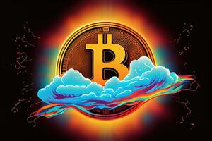 illustration of bit coin bioluminescence, vibrant, dreamy, crepuscular rays, cyberpunk Bitcoin sign with a universal, high tech detail, lighting photo