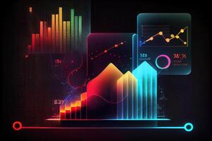 illustration of crypto market data, chart, silhouette crypto currency market, isometric, colorful gradient background photo