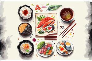 generativo ai ilustración de knolling japonés cocina alimento, acuarela pintar estilo, conjunto de asiático comida foto