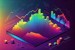 illustration of crypto market data, chart, silhouette crypto currency market, isometric, colorful gradient background photo