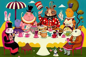 illustration of a whimsical tea party scene with a variety of talking animals and characters, in a colorful and playful style in wonderland photo
