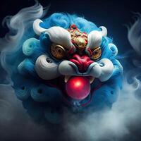 illustration of anthropomorphic traditional Chinese lion dance, big round eyes, plump body, Chinese Spring Festival, luminous particles, smoke photo