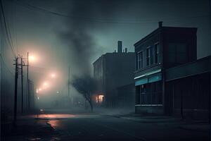 illustration of Dark gloomy empty street with smoke, smog photo