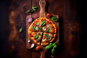 illustration of Homemade pizza with tomato and olives on wooden pizza board, top view, flat lay. Dark stone background photo