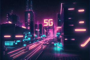 illustration of futuristic city at night, 5G internet network wireless systems and internet of things, smart city and communication network concept. photo