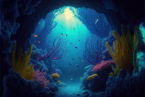 illustration of underwater world at the depth of the ocean. Underwater gorges and tunnel, organisms and fish. Underwater deep world, sea darkness, algae glow, blue neon, corals. photo