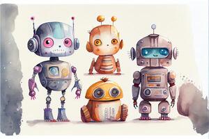 illustration of a cute robot collection on white background with margins, watercolor photo