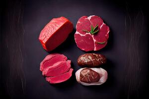 Generative AI illustration of variety of raw beef meat steaks for grilling with seasoning and utensils, assorted raw beef meat, fresh raw beef steaks on wooden board photo