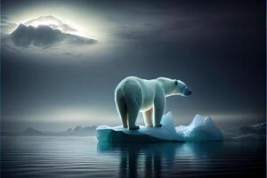 illustration of lonely white bear on iceberg, aurora sky photo