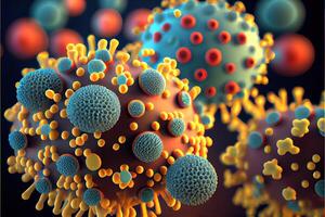 illustration of illness respiratory virus flu outbreak 3D medical illustration. Microscopic view of floating influenza virus cells. Neural network generated art. photo
