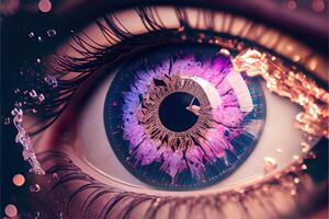 illustration of macro photography shot of realistic female eyes with pink Iris that looks like a Roman numeral analog clock, time in eyes, opalescence and shiny, shattered glass crystals photo