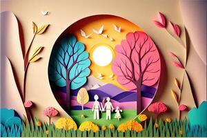 illustration of origami spring background, joyful elderly, happy family with parent, colorful. Paper cut craft, 3d paper illustration style, pop color. Neural network generated art. photo