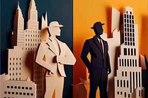 Business man in the city background, colorful. Business handshaking, successful concept. Paper cut craft, 3d paper illustration style. Neural network generated art. photo