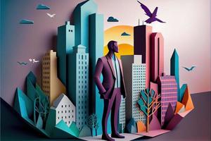 Business man in the city background, colorful. Business handshaking, successful concept. Paper cut craft, 3d paper illustration style. Neural network generated art. photo