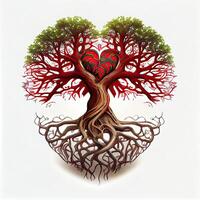 generativo ai ilustración de árbol de vida, raíces haciendo rojo corazón forma, céltico estilo, vistoso, blanco antecedentes foto