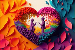 illustration of origami Valentine day background, happy couple, colorful. Paper cut craft, 3d paper style. Neural network generated art. Digitally generated image photo