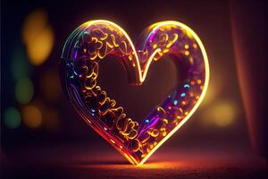 illustration of love heart neon light, decor, bright light, romantic. Love and valentine day concept. Neural network generated art. Digitally generated image. photo