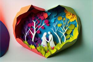 illustration of origami Valentine day background, happy couple, colorful. Paper cut craft, 3d paper style. Neural network generated art. Digitally generated image photo