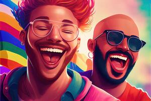 illustration of Diversity young gay women and men with waving pride rainbow flag. Supporters of the LGBT community. Neural network generated art. Digitally generated image. photo