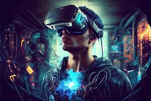 illustration of an enthusiastic young men wearing virtual reality goggles is inside the metaverse. Metaverse concept and virtual world elements. Neural network art photo