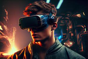 illustration of an enthusiastic young men wearing virtual reality goggles is inside the metaverse. Metaverse concept and virtual world elements. Neural network art photo