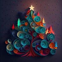 illustration of photo paper cut quilling multidimensional paper cut, craft paper illustration, christmas tree and colored lights vine stars, pop color. Neural network generated art.