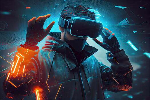 illustration of man with virtual reality VR goggle playing AR augmented reality game and entertainment, futuristic metaverse gameFi NFT game ideas photo