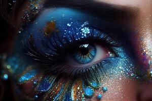 illustration of beautiful female eyes with carnival glass sparkly eyeshadow. Close focus. photo