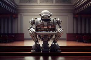 illustration of robot playing the piano in a grand concert hall photo