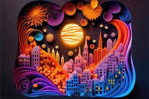 illustration of Photo paper cut quilling multidimensional paper cut, craft paper illustration, fireworks and beautiful city in new year eve, national day with colored lights, pop color.