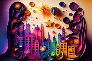 illustration of Photo paper cut quilling multidimensional paper cut, craft paper illustration, fireworks and beautiful city in new year eve, national day with colored lights, pop color.