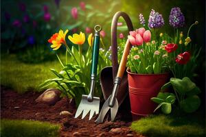 Generative AI illustration of Spring garden care. Flowers in the garden. Garden tools. Outdoor gardening tools on grass in spring garden photo