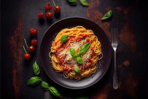 illustration of tasty appetizing classic italian spaghetti pasta with tomato sauce, cheese parmesan and basil on plate on dark table. View from above photo