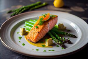 illustration of Grilled salmon fillet with green asparagus and seasonings, gray concrete and wooden background. Healthy balanced meal with salmon and asparagus good for diet and wellness photo