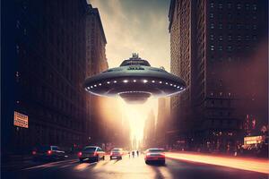 illustration of UFO flying in the sky of city photo