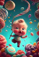 illustration of cute baby character and a lot of lollipops flying around, background confectionery photo