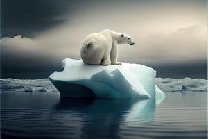 illustration of lonely white bear on iceberg, aurora sky photo