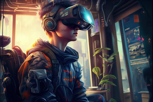 illustration of an enthusiastic young men wearing virtual reality goggles is inside the metaverse. Metaverse concept and virtual world elements. Neural network art photo