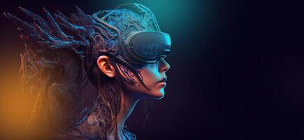 illustration of Metaverse concept and virtual world elements. Side view of human face in augmented or virtual reality headset inside the metaverse photo