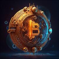 illustration of bit coin bioluminescence, vibrant, dreamy, crepuscular rays, cyberpunk Bitcoin sign with a universal, high tech detail, lighting photo