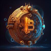 generativo ai ilustración de poco moneda bioluminiscencia, vibrante, soñador, crepuscular rayos, cyberpunk bitcoin firmar con un universal, alto tecnología detalle, Encendiendo foto