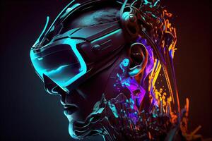 illustration of Metaverse concept and virtual world elements. Side view of human face in augmented or virtual reality headset inside the metaverse photo