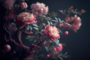 illustration of flowers concept art. Chinese digital art, style and background. Retro texture. Close focus. photo