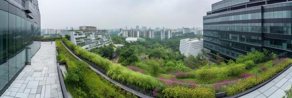 generativo ai ilustración de maravilloso jardín en el techo de un contemporáneo vaso oficina edificio en Asia foto