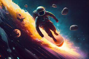 illustration of a space explorer riding a rocket-powered surfboard through an asteroid field, in a digital art style with a galactic color palette photo