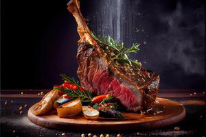 illustration of freshly grilled tomahawk steaks on wooden cutting board, superbly delicious tomahawk steak, barbecue photo