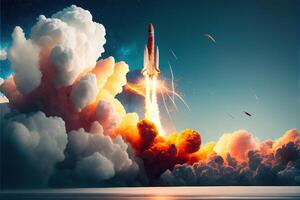 illustration of Rocket takes off into space, sparks, smoke, smog photo