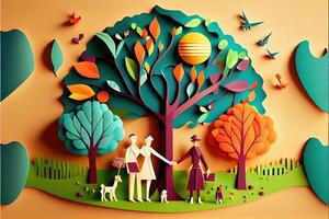 illustration of origami spring background, joyful elderly, happy family with parent, colorful. Paper cut craft, 3d paper illustration style, pop color. Neural network generated art. photo